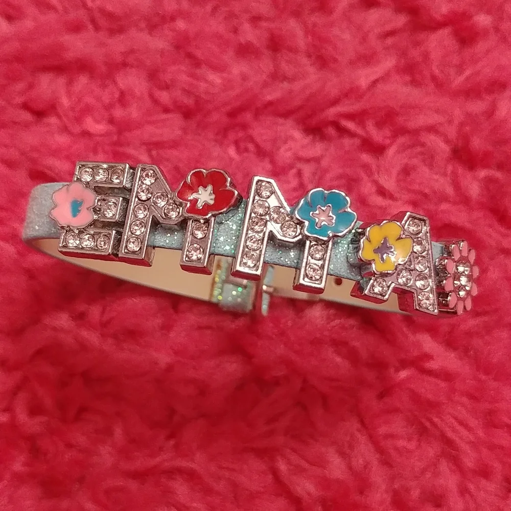 Girls Blue Sparkly Emma Silver Name Plate Bracelet